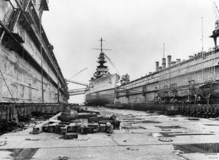 A British warship inside the Admiralty IX floating dry dock at Singapore Naval Base in September 1941