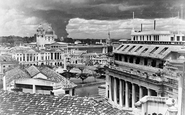 Burning oil tanks, Singapore, Feb 1942